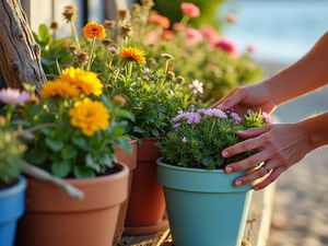 Layered coastal container garden with salt-tolerant plants