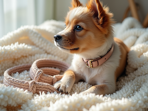 Small dog lying on white blanket