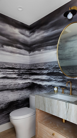 Powder room vanity with black and white ocean mural