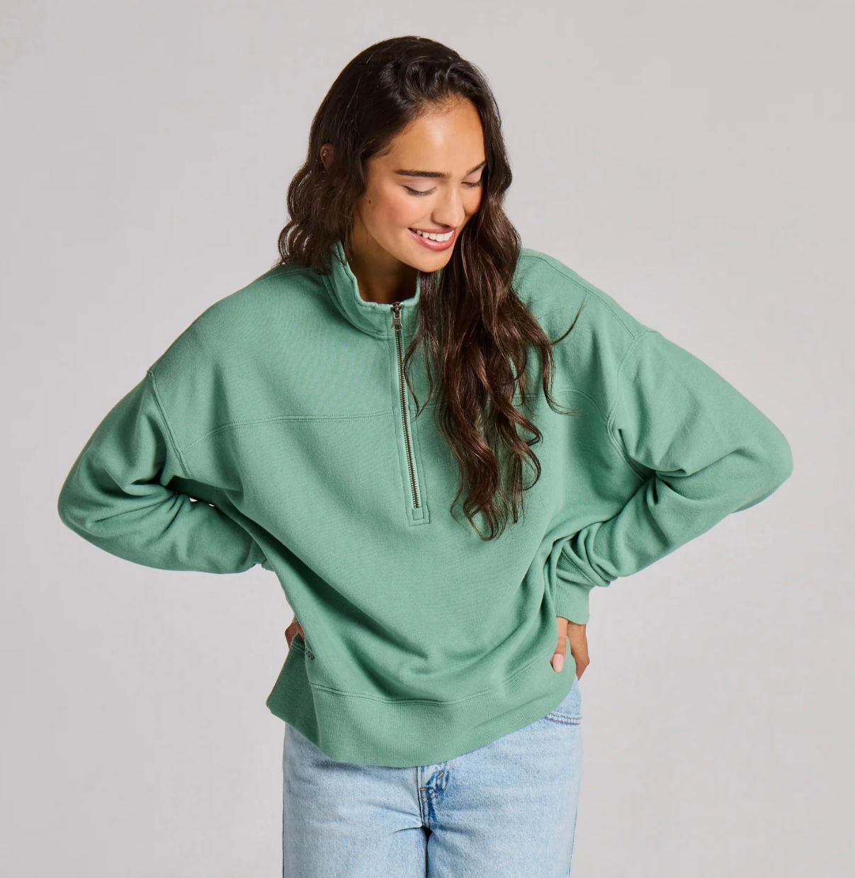 Woman’s Solid French Terry Boxy Quarter Zip Pullover Granite Green