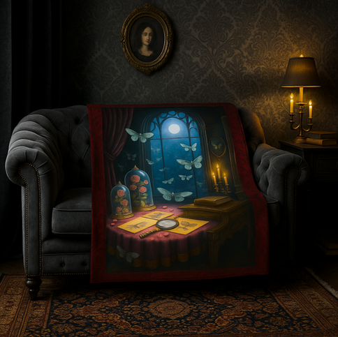 Velveteen microfiber throw blanket styled in a vintage parlour setting with soft lighting and gothic decor