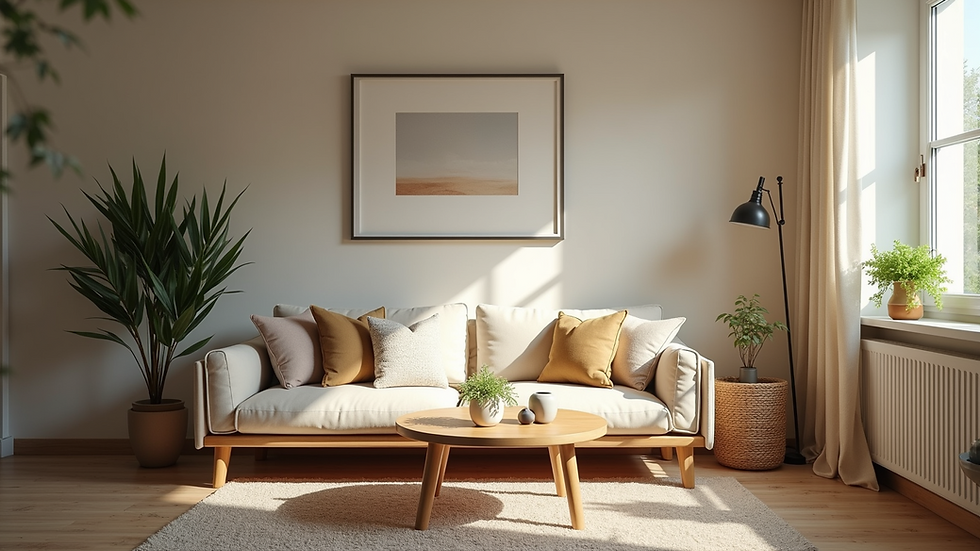 Eye-level view of a well-decorated living room with natural light