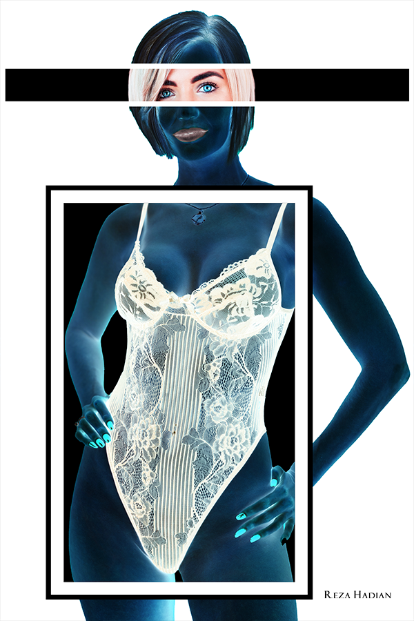 A stylized, colour-inverted photograph of a woman in lingerie. The image has been edited with a negative effect, giving her skin a blue hue and her hair a light, almost white appearance. Her eyes are vividly bright, contrasting with the dark background. There is a black horizontal bar obscuring part of her face, and a black-framed white rectangle is superimposed over her torso. She is wearing a lace bodysuit with floral patterns and has her hands resting on her hips.
