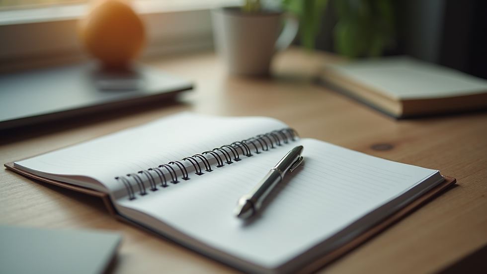 Close-up view of a journal and pen on a wooden desk for stress tracking