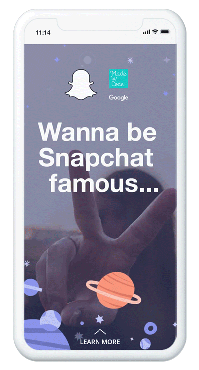 GIF of a mobile mock up of the Made With Code the first Snap Chat ad for the My Future Me Challenge.