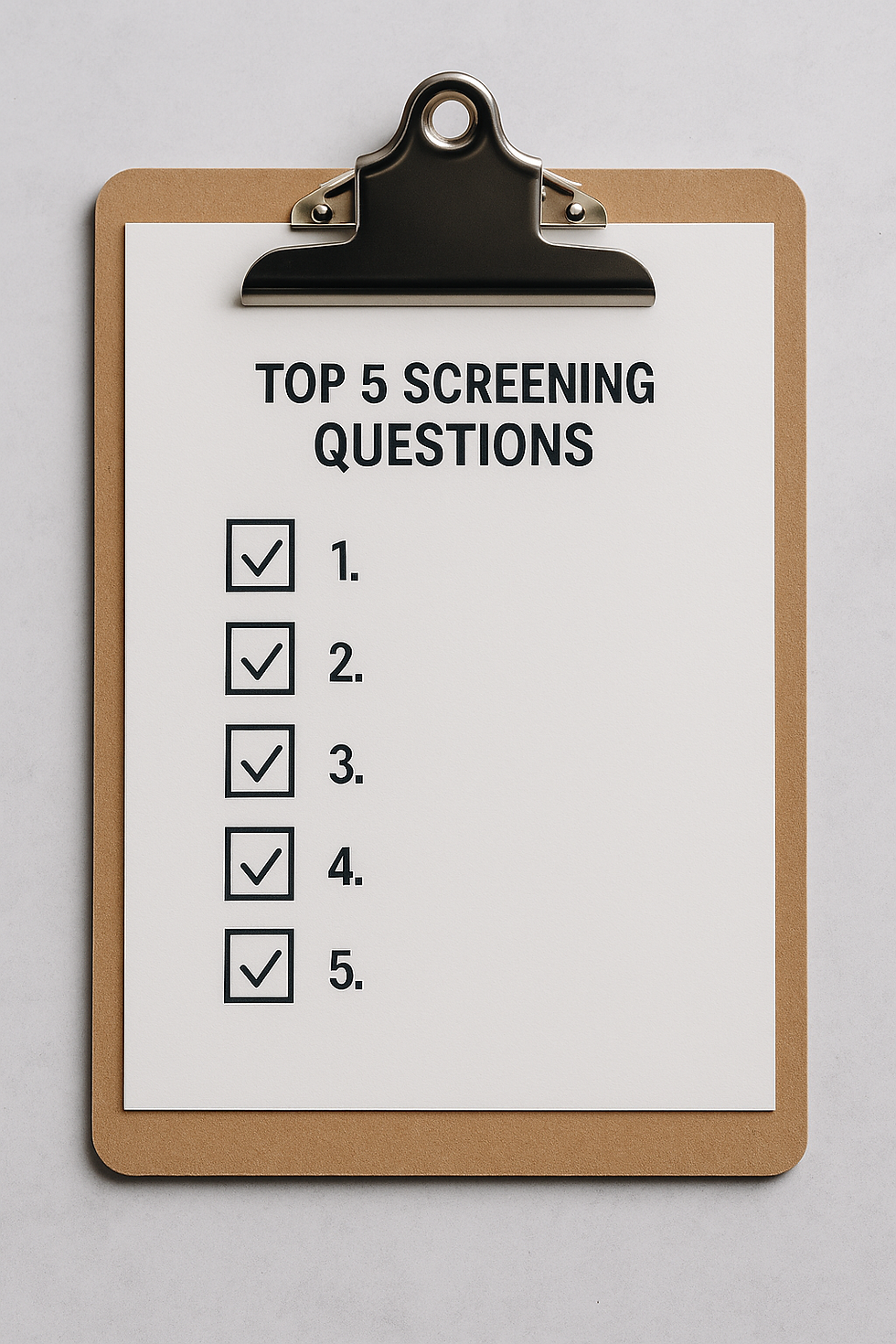 A professional clipboard on a gray background displays a checklist titled "Top 5 Screening Questions" with numbered boxes, symbolizing common client FAQs.
