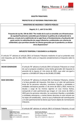 Boletín Tributario - PROYECTO DE REFORMA TRIBUTARIA - IMPUESTO TEMPORAL Y SOLIDARIO A LA RIQUEZA