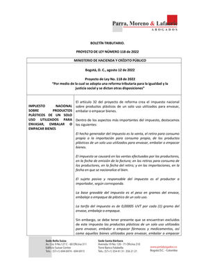 Boletín Tributario - Proyecto de Ley No. 118 de 2022 - Reforma Tributaria - IMPUESTO NACIONAL SOBRE