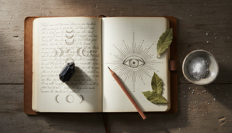 Vista superior de um caderno de anotações espirituais com ervas, lápis e uma pedra de proteção