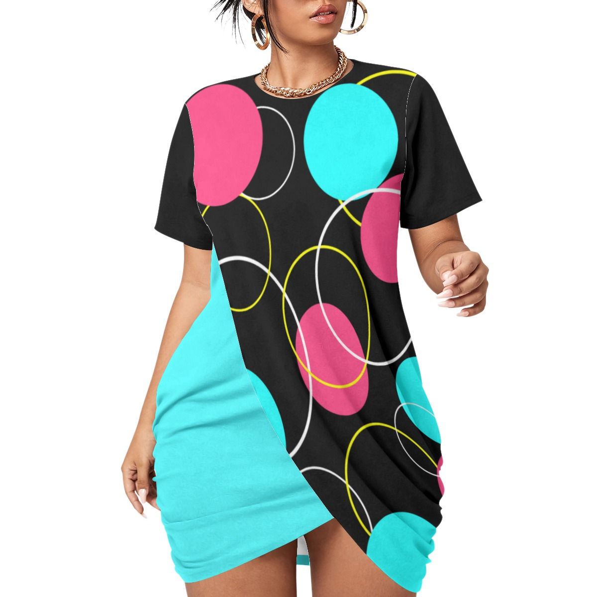 "New Cycle" Stacked Hem Dress Pink/Teal/Black（Plus Size）