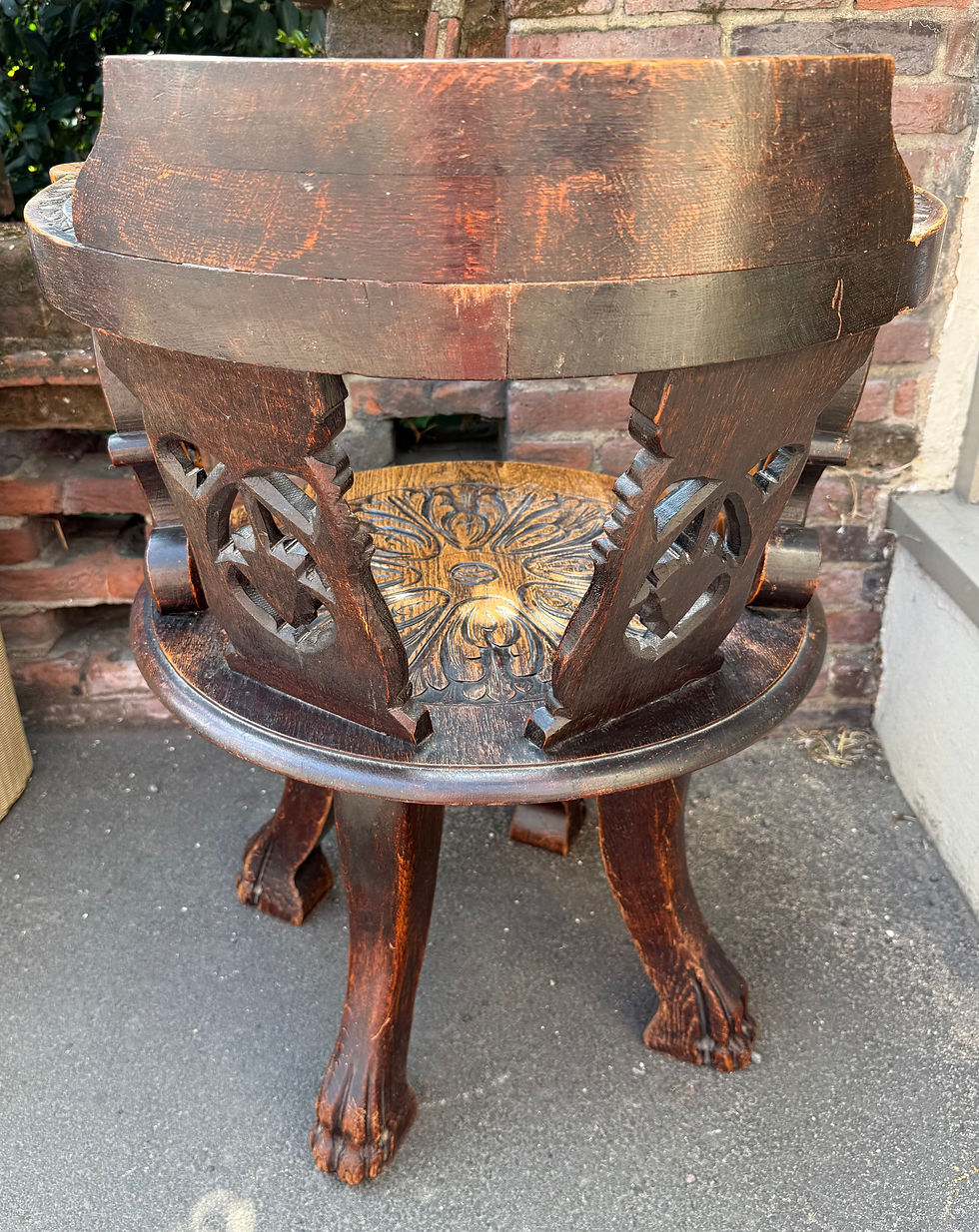 Thumbnail: Carved Oak Antique Captains Swivel Desk Chair / Tub Armchair