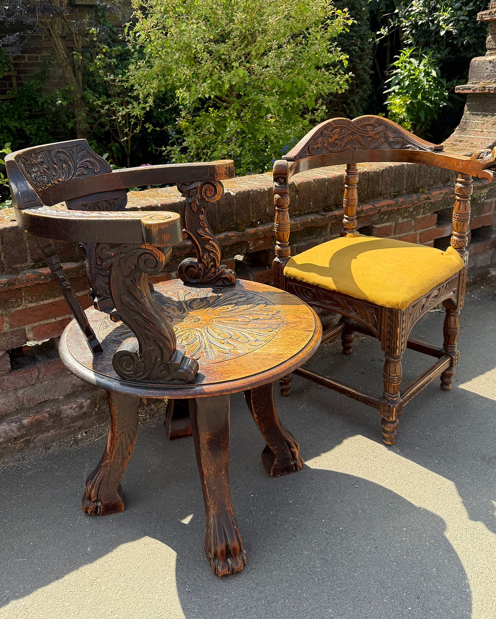 Thumbnail: Carved Oak Antique Captains Swivel Desk Chair / Tub Armchair
