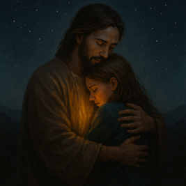 esus Cristo abraçando uma pessoa fragilizada em um ambiente iluminado suavemente, representando o conforto e o consolo do abraço de Deus nos momentos de dor, inspirado no devocional