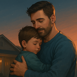 uma imagem semi-realista de um pai abraçando seu filho pequeno para ler um devocional a noite