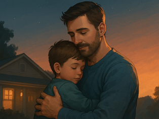 uma imagem semi-realista de um pai abraçando seu filho pequeno para ler um devocional a noite