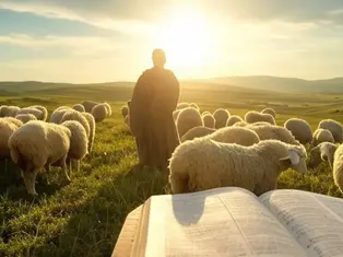 Imagem de um devocional do site devocionaljesus.com.br com o tema DEVOCIONAL para bênçãos financeiras, mostrando um pastor guiando ovelhas em um campo verde ao pôr do sol, simbolizando Salmos 231. Em primeiro plano