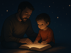 Ilustração digital semi-realista mostrando um pai sentado ao lado do filho em uma cama, com luz suave e ambiente noturno. Ambos estão em silêncio, com expressão serena, simbolizando a paz interior que vem da presença de Jesus mesmo em meio a pensamentos agitados.