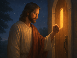Ilustração digital semi-realista de Jesus em pé diante de uma porta de madeira iluminada suavemente, com expressão serena e gesto calmo de quem está prestes a bater. A cena transmite paciência, amor e o convite gentil de Cristo ao coração humano.