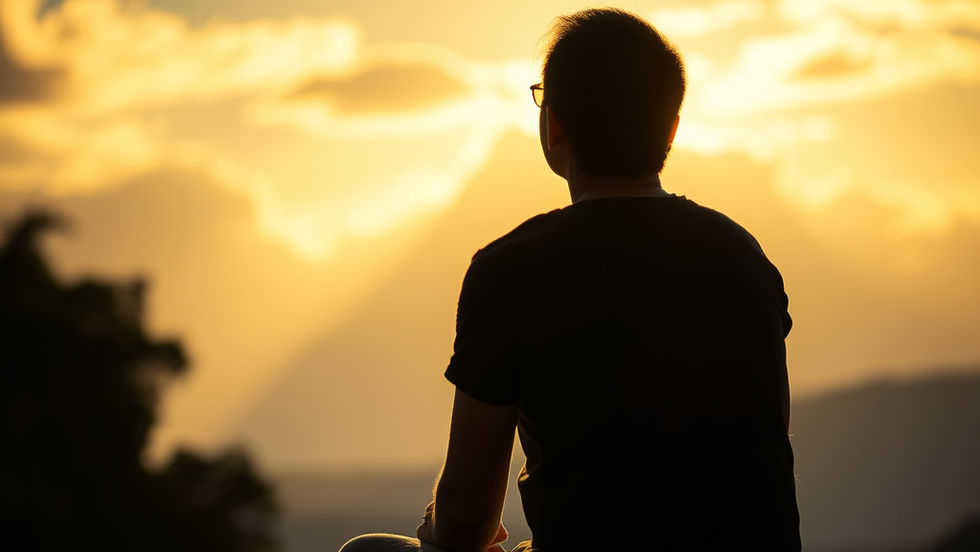 Pessoa em silêncio ao entardecer sentindo o cuidado e a presença de Deus em momento de oração e reflexão.