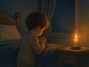 Ilustração digital semi-realista de uma criança deitada na cama com expressão pensativa, em um quarto escuro iluminado por uma luz suave vinda da janela. Um adulto está ao lado em posição de oração, transmitindo calma, acolhimento e entrega a Deus. A cena reflete a entrega da ansiedade e a busca por paz antes de dormir.