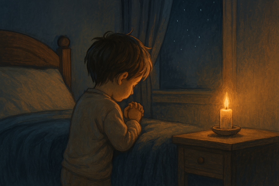 Ilustração digital semi-realista de uma criança deitada na cama com expressão pensativa, em um quarto escuro iluminado por uma luz suave vinda da janela. Um adulto está ao lado em posição de oração, transmitindo calma, acolhimento e entrega a Deus. A cena reflete a entrega da ansiedade e a busca por paz antes de dormir.