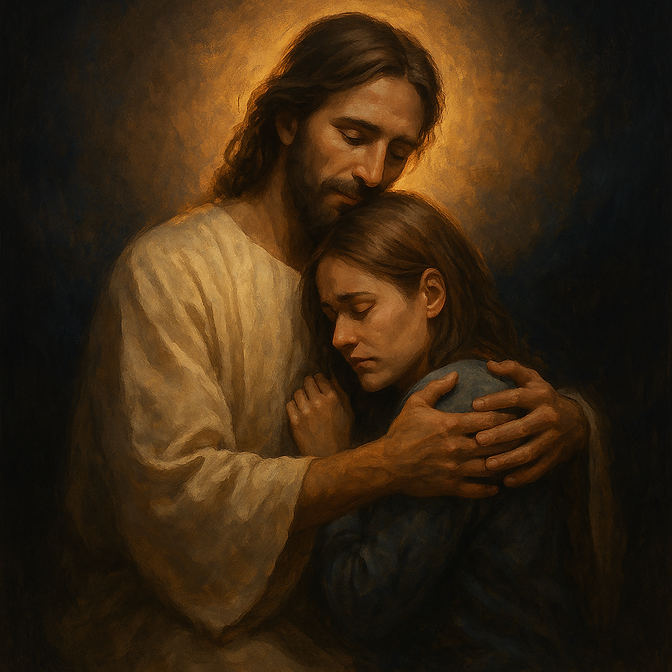 uma pessoa sentada em silêncio sob uma árvore ao entardecer, envolvida por uma atmosfera de paz e consolo, simbolizando o acolhimento e o abraço de Deus nos momentos de dor, inspirado no devocional