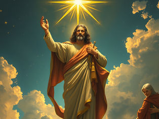 Deus entre nuvens e humano fazendo devocional
