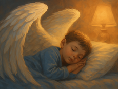 Ilustração digital semi-realista de uma criança adormecida sob grandes asas brancas e suaves, simbolizando Jesus protegendo e acolhendo com amor e segurança. A luz suave e o ambiente sereno transmitem paz, conforto e a presença divina durante o descanso.