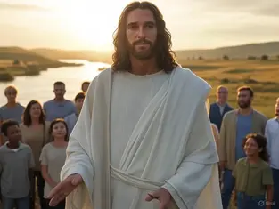 Jesus iluminando um amanhecer sereno com raios de luz atravessando a escuridão, trazendo esperança para uma família em um devocional em família no devocionaljesus.com.br. Imagem de paz e fé cristã.