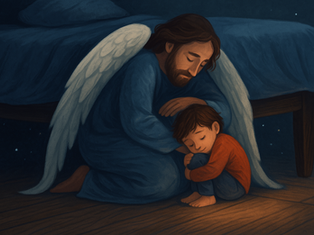 Ilustração digital semi-realista mostrando uma criança encolhida sob a cama, parcialmente coberta por um cobertor luminoso que simboliza proteção divina. Um brilho suave envolve a cena, representando a presença invisível e constante do amor de Jesus que acolhe mesmo nos momentos de medo ou isolamento.