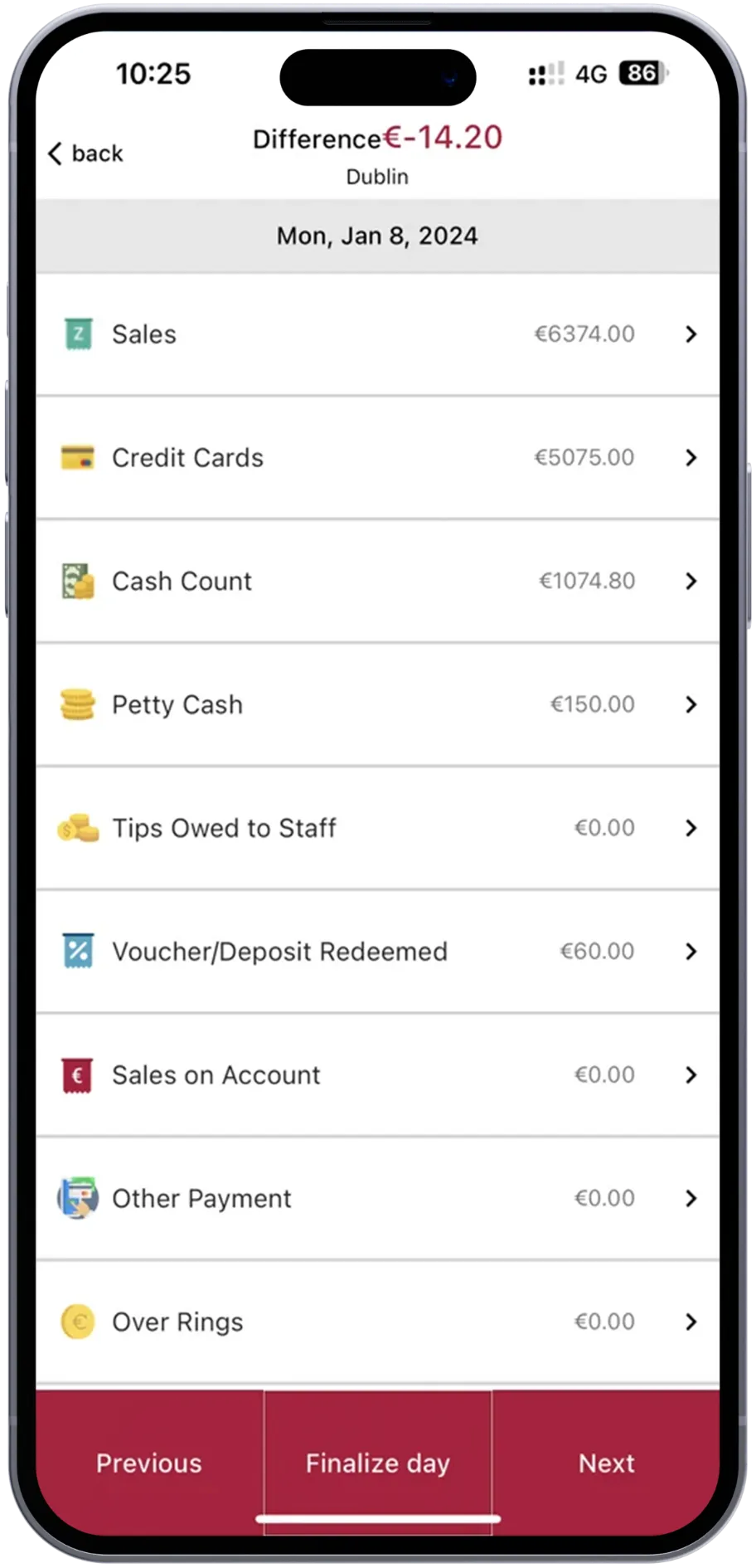 Screenshot of easy cash up and cash reconciliation sheet showing difference for the day