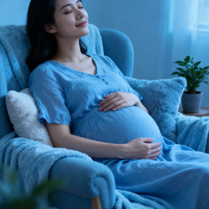 Mulher grávida em ambiente acolhedor com tons de azul