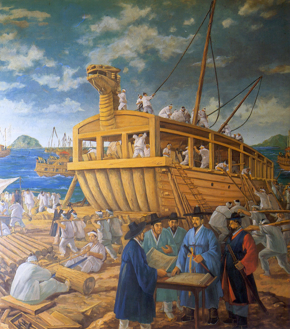 Photo credits: Album / Alamy -  Building the Turtle Ship (From: Ten Scenes of Yi Sun-Shin's Life). Museum: PRIVATE COLLECTION. 
