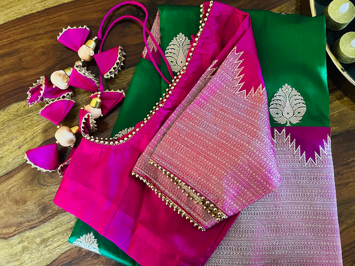 Dark Green Kadhwa Katan Silk Banarasi Handwoven Saree with STITCHED BLOUSE