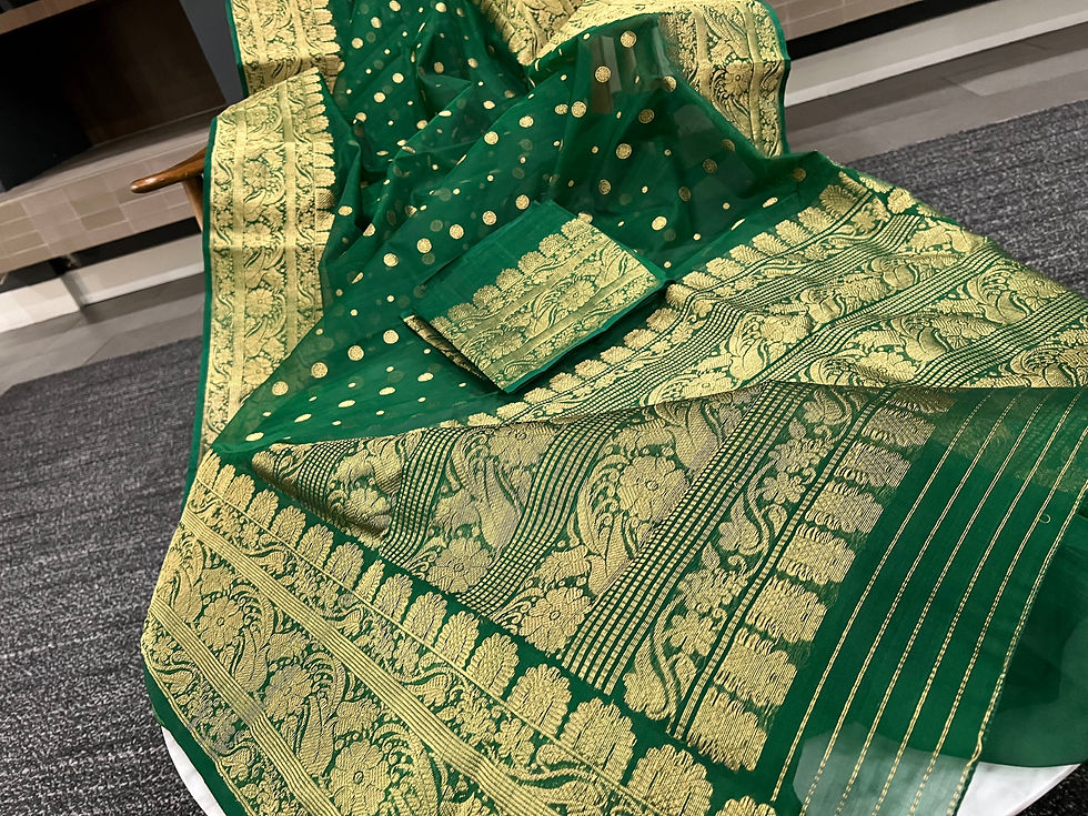 Thumbnail: Premium Pure Handloom Chanderi Katan Silk Green Sari With Golden Zari Banebar Bo