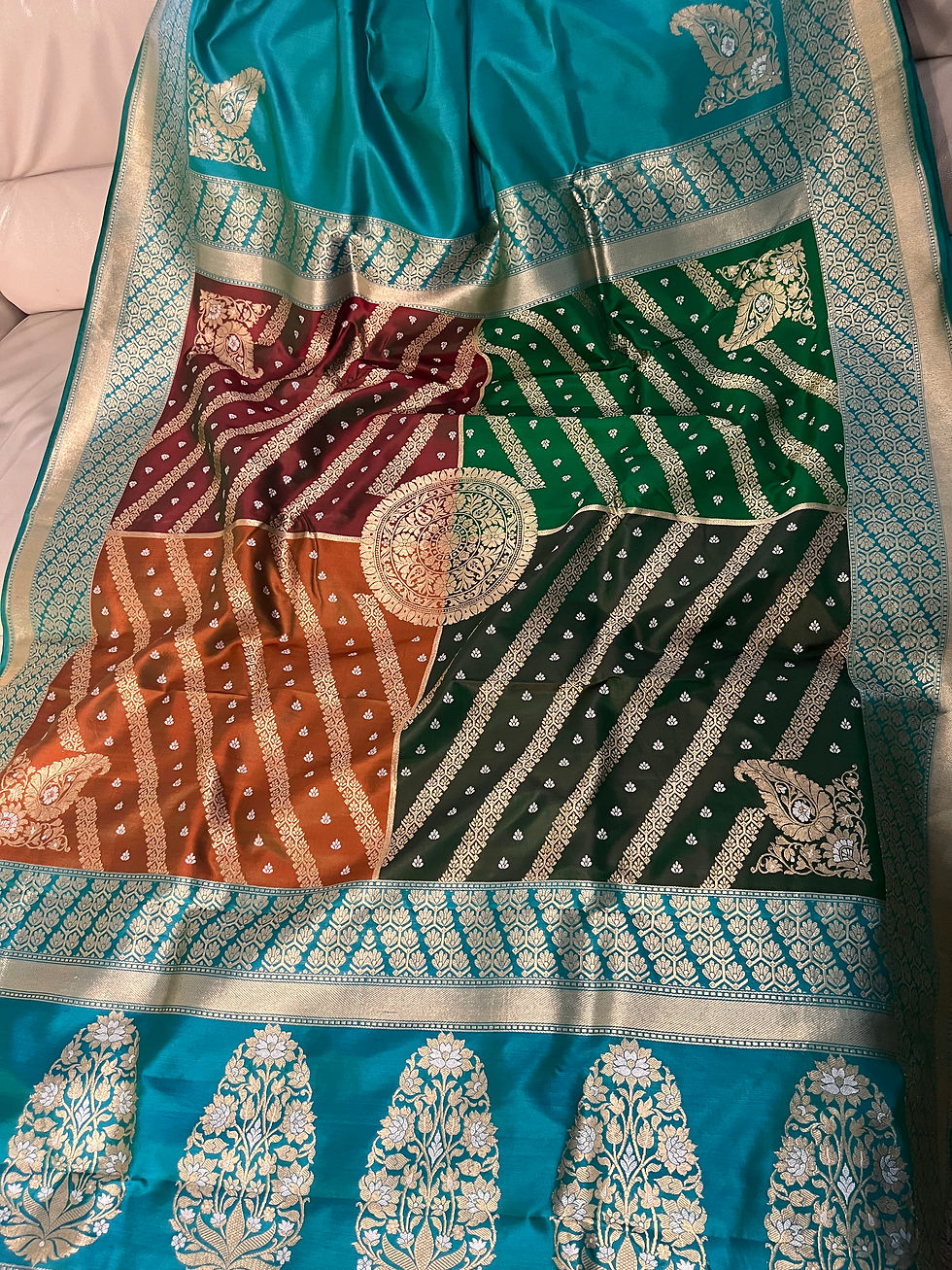 Thumbnail: Turquoise blue handwoven pure katan silk chauki rangkat banarasi saree