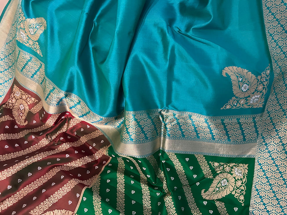 Thumbnail: Turquoise blue handwoven pure katan silk chauki rangkat banarasi saree