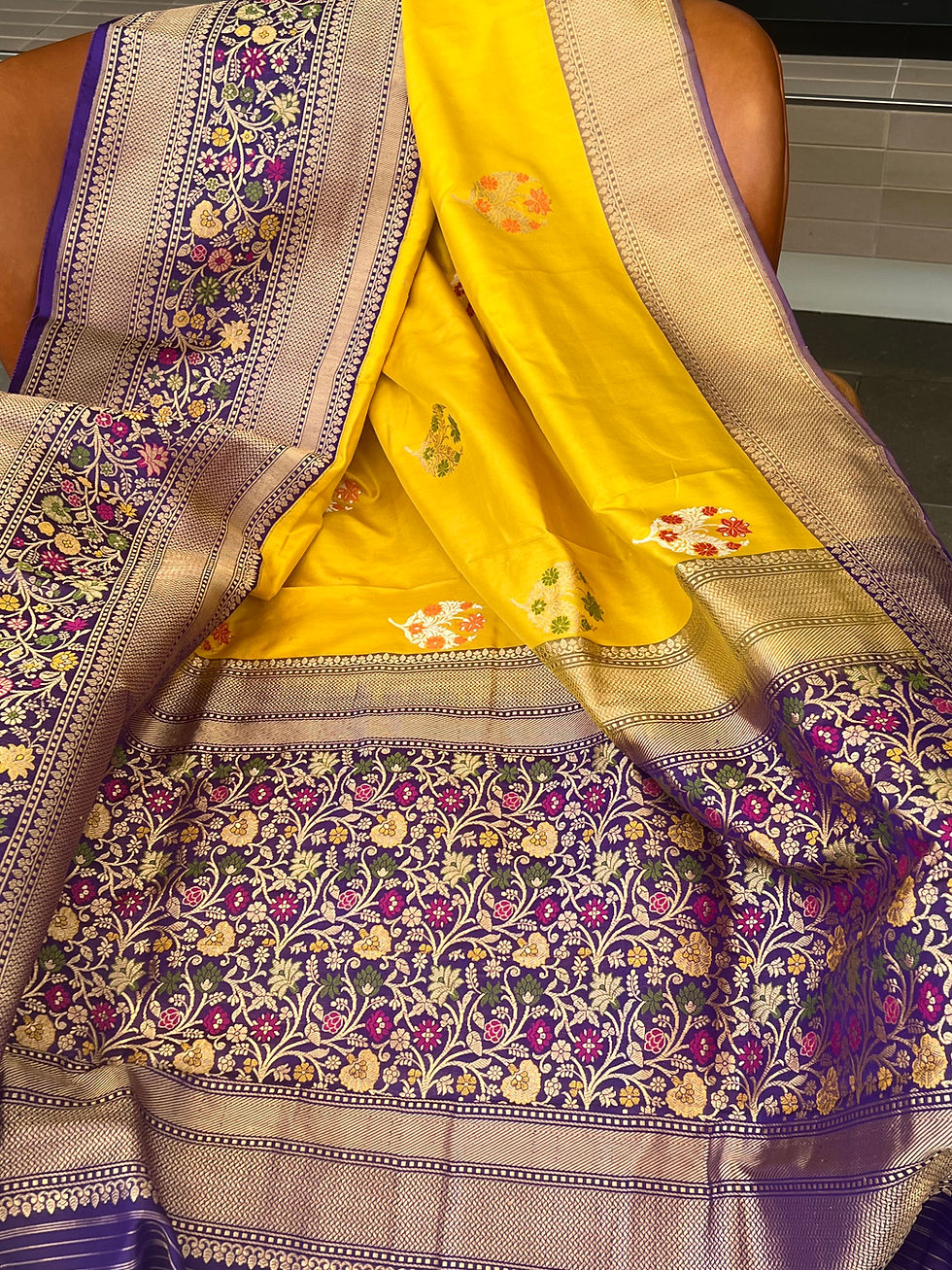 Thumbnail: Handwoven pure katan silk meenakari kadhuan/kadwa buti yellow Banarasi saree wit
