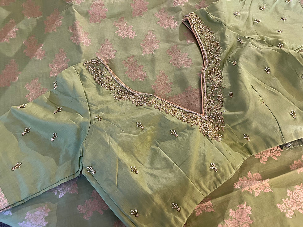 Thumbnail: Handwoven Uppada katan silk saree with hand embroidered stitched blouse