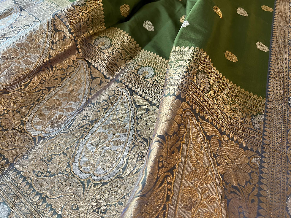 Thumbnail: Olive Green Banarasi Sona-Rupa Buti Kadhuan Brocade Handwoven Katan Silk Saree