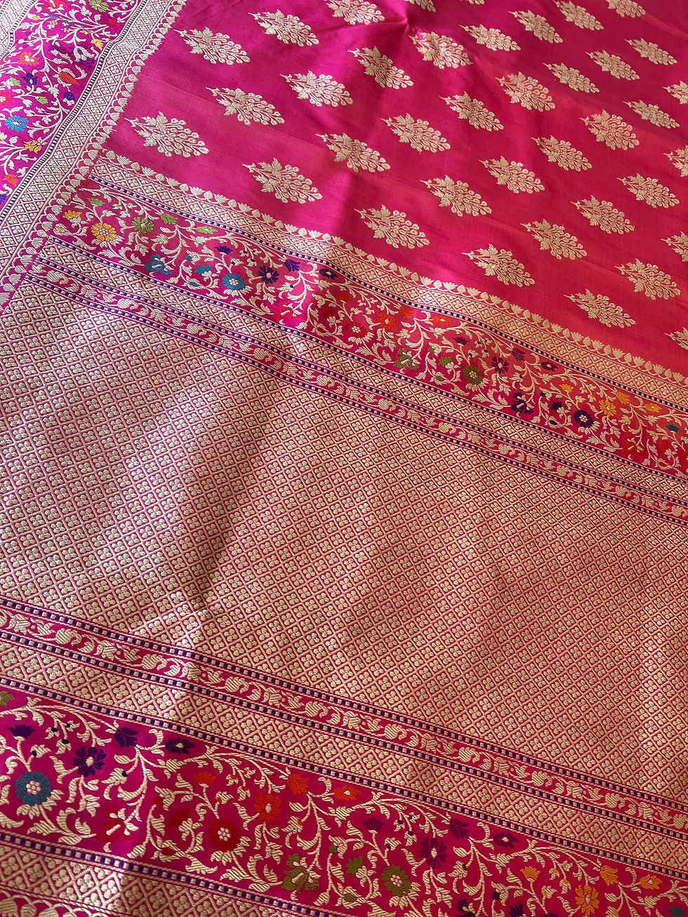 Thumbnail: Pink Kadhuan Handwoven Pure Katan Silk Saree with 5 colors meenakari border 