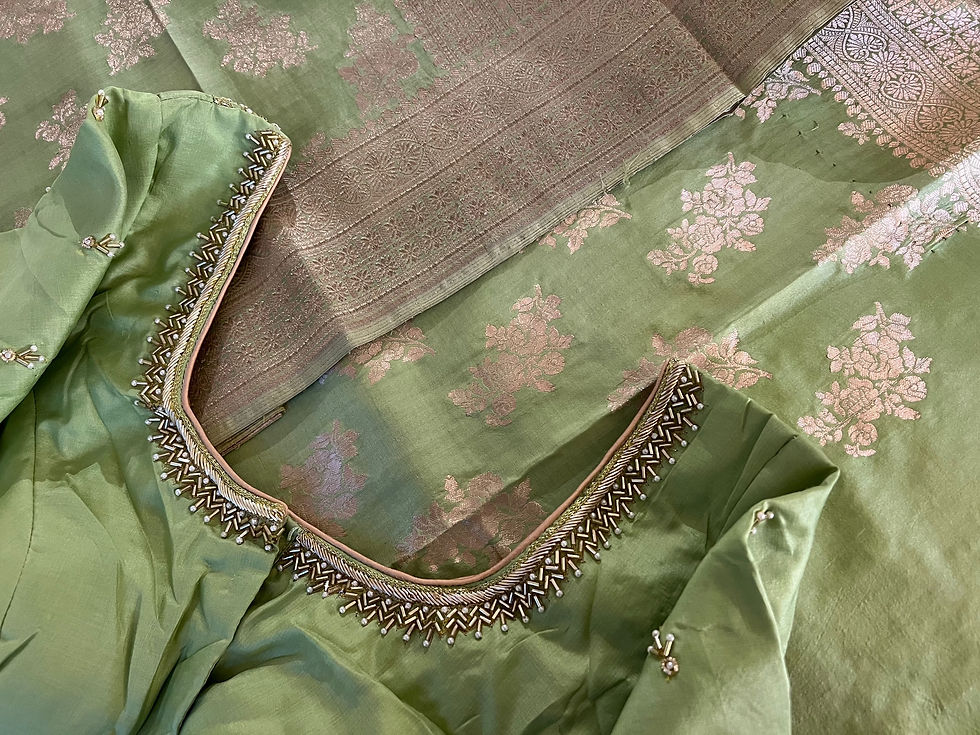 Thumbnail: Handwoven Uppada katan silk saree with hand embroidered stitched blouse