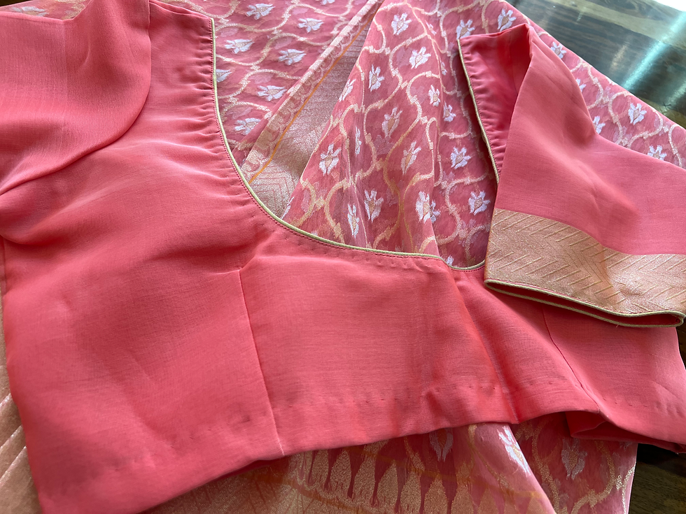 Thumbnail: Peach Banarasi Alfi Jangla Buti Cutwork Brocade Handwoven Kora Silk Saree