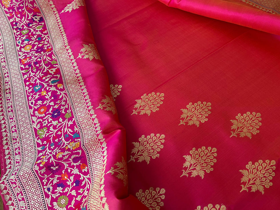 Thumbnail: Pink Kadhuan Handwoven Pure Katan Silk Saree with 5 colors meenakari border 