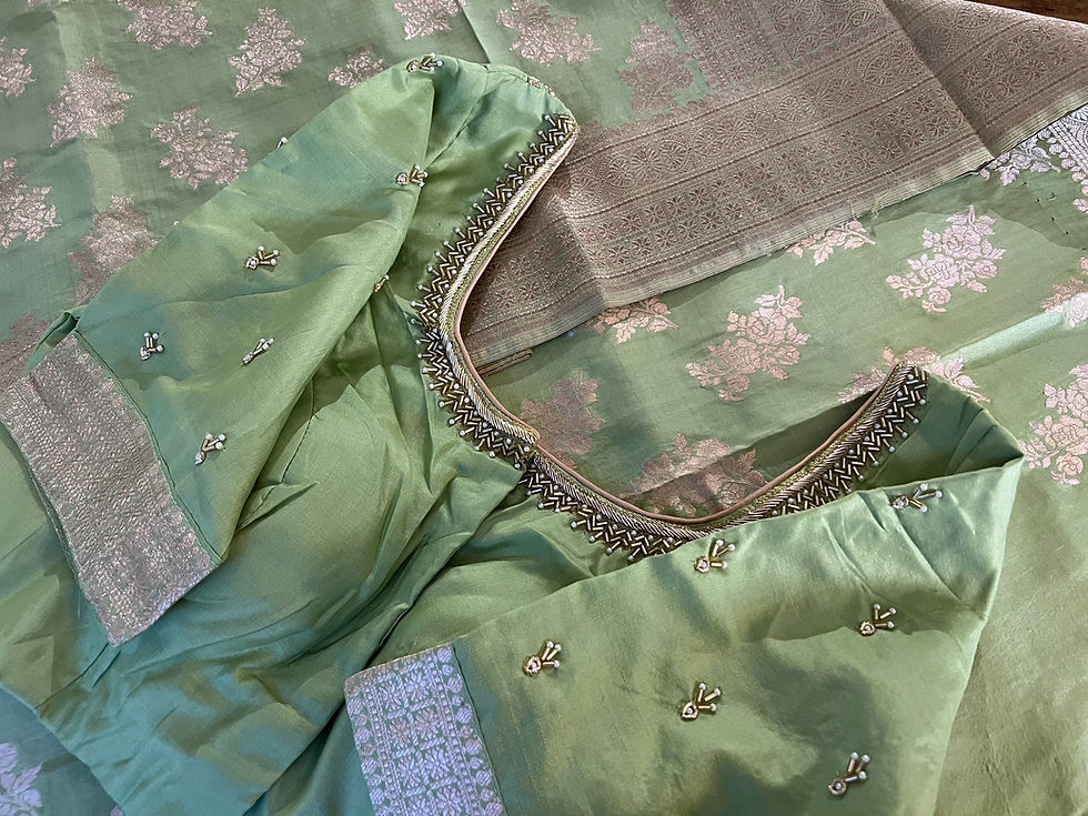 Thumbnail: Handwoven Uppada katan silk saree with hand embroidered stitched blouse