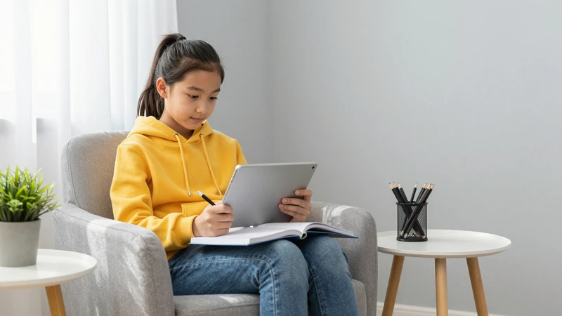 Student working on tablet with a textbook