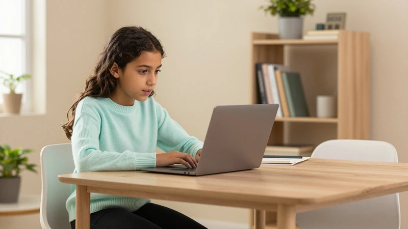 Middle school student working at a desk on a laptop with a book case behind her.