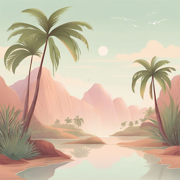 a tropical landscape that looks dreamy and mysterious, in pale colours.jpg