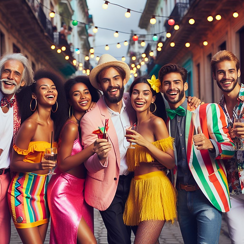Diverse group of people, lined-up and celebrating with string lights in the background.