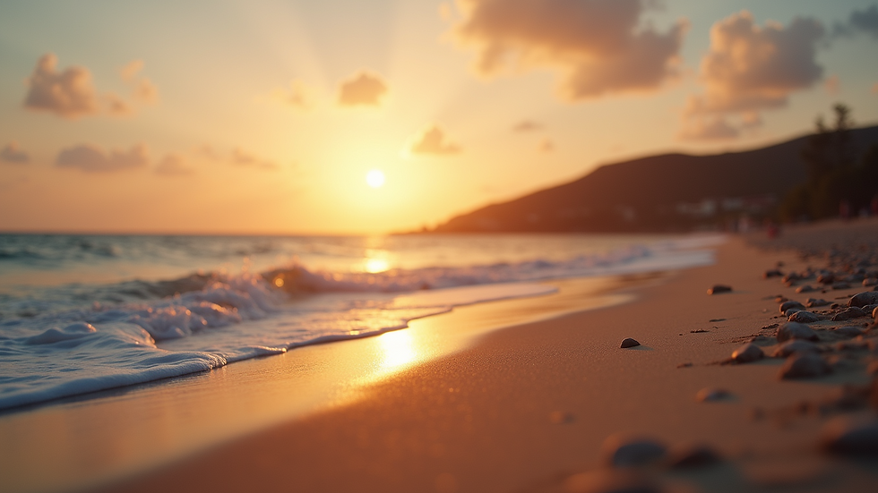 Wide angle view of a serene beach at sunset